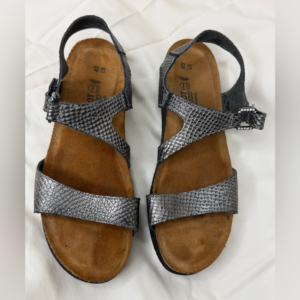 Naot Pamela Metallic Silver Snakeskin Leather Wedge Sandals EU 40 US 9 comfort